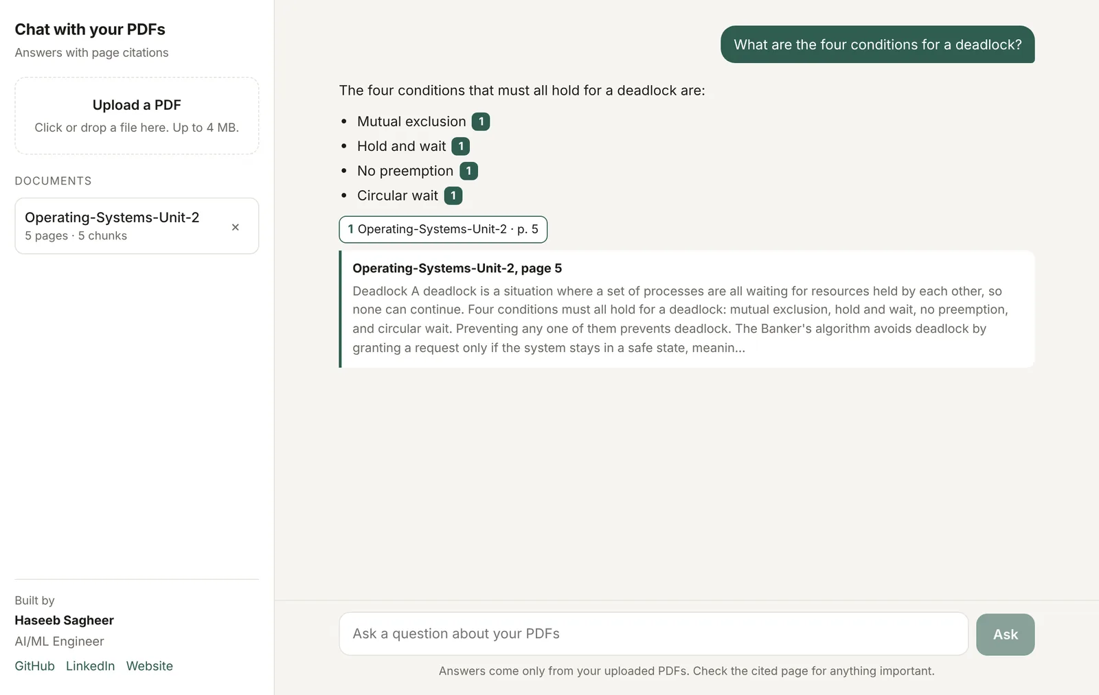 The Chat with your PDFs app answering with page citations